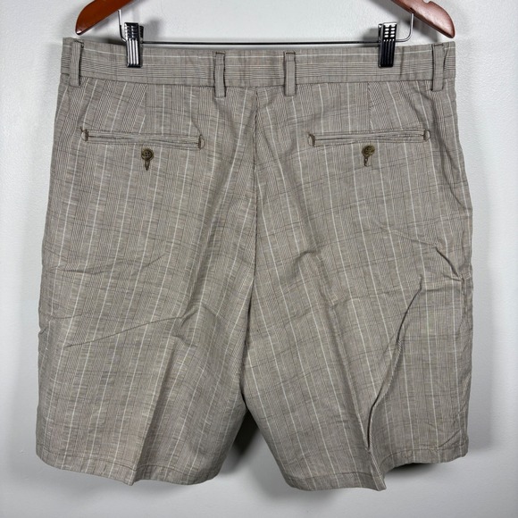Tasso Elba Other - Tasso Elba Mens Plaid Shorts Tan White Cotton Linen Blend Size 36 Flat Front